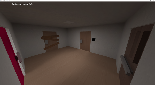 A screenshot of the CCTVs point'n'click game, showing a room surrounded by 4 doors, one of them barricaded.