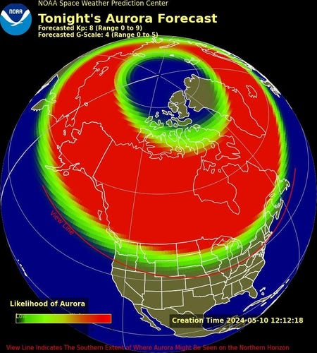 NOAA Space Weather Prediction Center Tonight's Aurora Forecast map. The area around Minneapolis has a high probability of aurora.