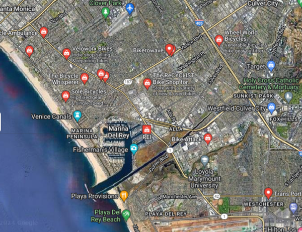 Map of bicycle stores in West LA
