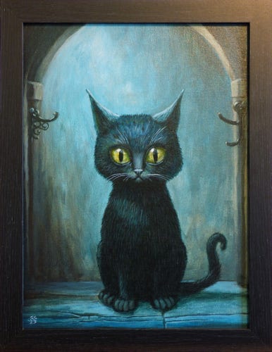 Photograph of a sort of moody/gothy painting of a cute black kitten.
