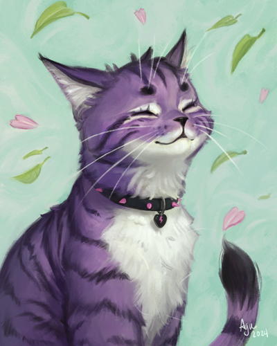 Digital painting portrait of a purple tabby cat, facing right. Her eyes are closed and her head is tilted up as if she is taking in the warm weather. She is wearing a black collar with pink studded spikes, and a black and pink heart shaped bell. 