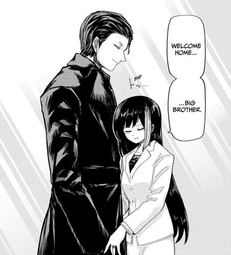 Black and white manga screenshot from Mission: Yozakura Family, Chapter 175. Image of Mutsumi (woman in her early 20s in a light colored suit) walking up to her brother (tall male in a black trench coat with slicked back hair). She says, "Welcome home...big brother."