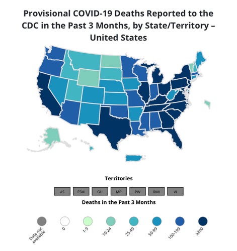 map of “Provisional COVID-19 Deaths Reported to the CDC in the Past 3 Months, by State/Territory -
United States” showing a bunch of death