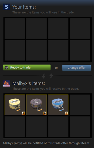 Steam Trade Offer

Malbyx is sending 3 more Team Fortress 2 crates worth a total of 0.18 €