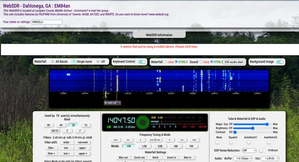 Web SDR tuned to W1AW code practice broadcast on 20 meters Amateur Band