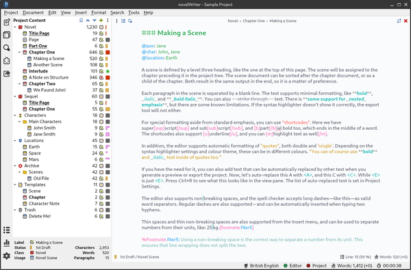 A screenshot of the novelWriter app showing a text document with a white background and bright colour highlights in the text.