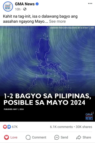 Facebook post from GMA News stating that there is a possibility of one to two cyclones coming to the Philippines in May 2024. Interestingly, people who saw the news are dropping heart reactions instead of sad reactions.