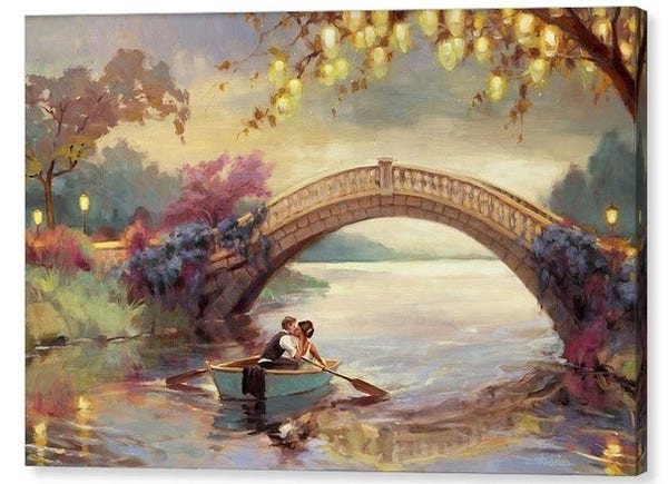 Canvas print of an original oil painting depicting a couple in a rowboat, kissing.