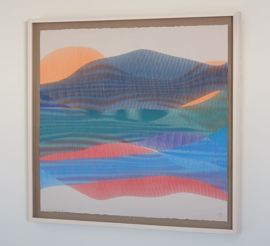 An abstract painting produced by a robotic pen plotter using a generative algorithm. Red, orange, blue, violet, and green acrylic ink create wave-like forms on pearl grey paper.