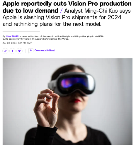 A screenshot of a headline of an article in the Verge.

Image: female presenting adult person wearing Apple's Vision Pro, making a gesture with their hand

Text:

Apple reportedly cuts Vision Pro production due to low demand

Analyst Ming-Chi Kuo says Apple is slashing Vision Pro shipments for 2024 and rethinking plans for the next model.
