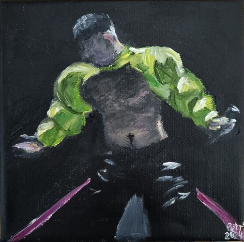 An oil painting of the singer Käärijä. From Eurovision  Song Contest 2023. The second position.
Dark background, black pants, bright green sleeves.