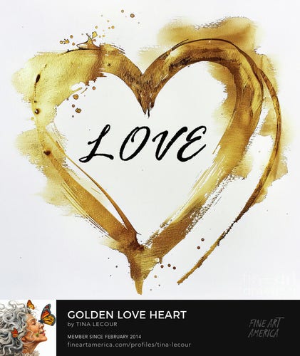 This is a minimalist watercolor of a  big gold heart with the text LOVE in the middle of the heart on a white background. 