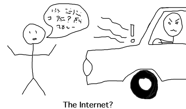 crude drawing of stick figure person talking with arms held up standing in front of a honking car driven by an angry faced stick figure