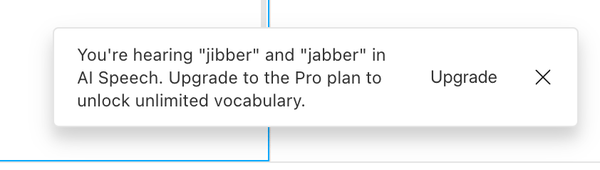 screenshot from the Descript desktop app saying I am hearing Jibber and Jabber inserted into my AI voice script because I don't pay them enough.