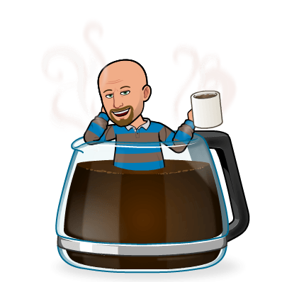 My Bitmoji avatar holding a cup of coffee standing in a coffee maker carafe.