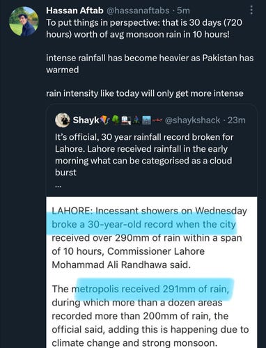 Screenshot from twitter about two Lahoris discussing the news about Lahore local government announcing how severe the rains have been over the last 10 hours.