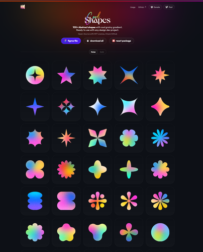 Screenshot of the site with the tagline 100+ Abstract shapes with cool grainy gradient. Ready to use with any design dev project, and some cool neon gradient shapes
