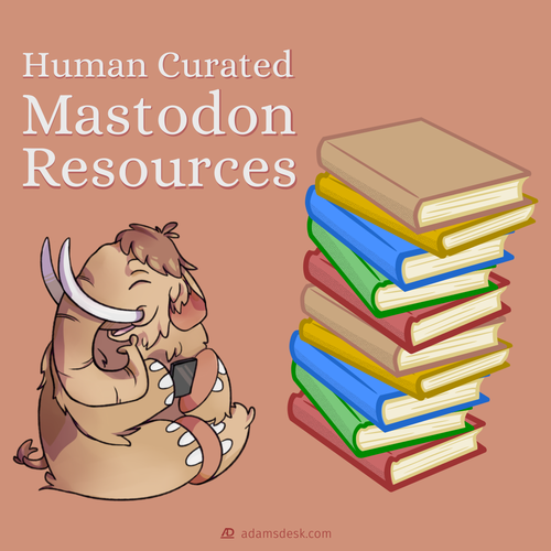 An cartoon style of a Mastodon holding a book next to large stack of books.