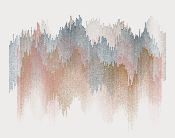 Generative art made using the R programming language. The piece is composed of several thick, jagged, erratic curves in light grey, dark blue, dark mustard/brown and pale pink. The curves have variable transparency, giving the impression of intermingling colours. Each curve is textured, with thin vertical striations. In some places, the curves appear to fade away as they dissolve into small points. 