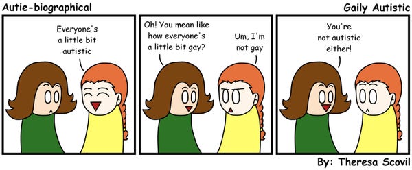 A three panel comic of Honeydew responding to someone saying that everyone's a little bit autistic. The comic is titled "Gaily Autistic" and is made by Theresa Scovil.

Panel 1:
A person cheerfully says "Everyone's a little bit autistic."
Honeydew looks taken aback.
Panel 2:
Honeydew smiles and asks "Oh! You mean like how everyone's a little bit gay?"
The person looks annoyed and says "Um, I'm not gay."
Panel 3:
Honeydew excitedly yells "You're not autistic either!"
The person looks shocked