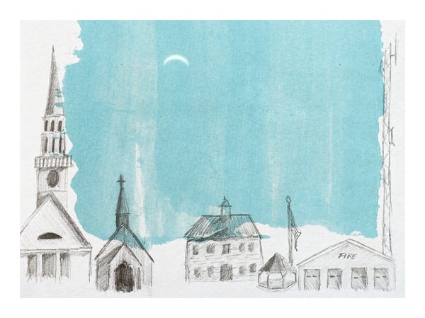 Illustration of a small town with buildings including a church, a gazebo, and a fire station under a blue sky with an eclipsed sun.