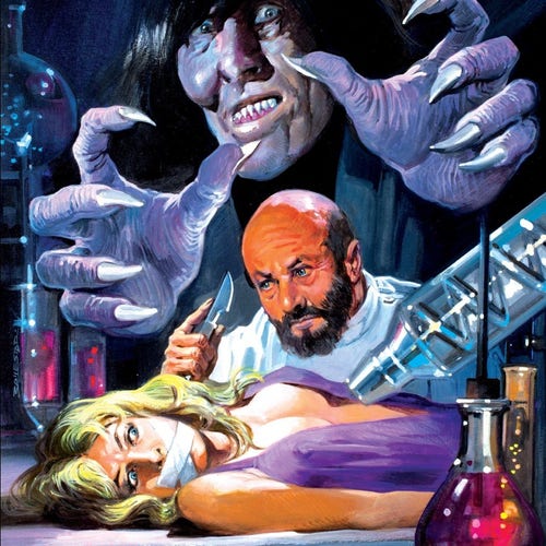 A gagged woman looks up as a man who is definitely not Donald Pleasence leers over her with a scalpel. Above him, a fuck ugly man looms forward with his clawed hands.