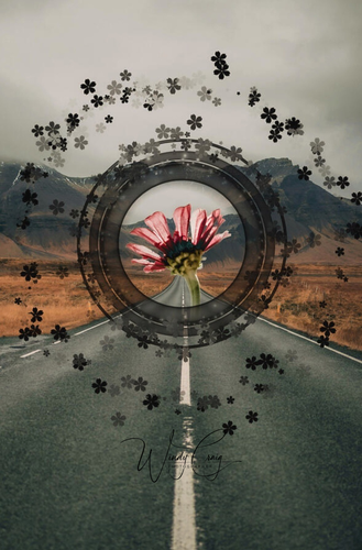 This is a surreal collage of photos and digital art of a road going towards the mountains. A circle of black lines and flowers acts like a window into another similar world, a red zinnia on the other side.