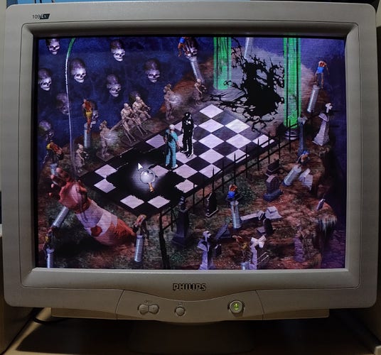 Sanitarium on Philips CRT monitor. 

Near the end of the game, Max stands on a narrow black and white tiled floor.