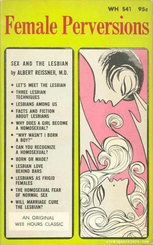 The cover of a vintage book called Female Perversions. A highly stylized illustration of two women reaching for one another. The table of contents is printed on the cover, and lists chapters such as “Let’s meet the lesbian”, “Three lesbian techniques,” and “Will marriage cure the lesbian?”