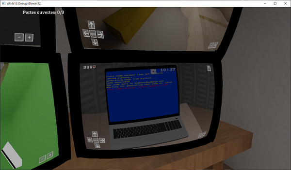 A screenshot of the CCTVs point'n'click game, showing the monitor from a camera pointed to a laptop. The laptop screen is blue with some text messages and a clock (very WIP)