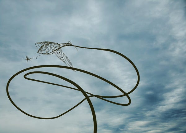 Metal art sculpture. Spiraling up to the skies with wire metal bird atop & a dragonfly in front of bird.
Skies are mixed clouds.