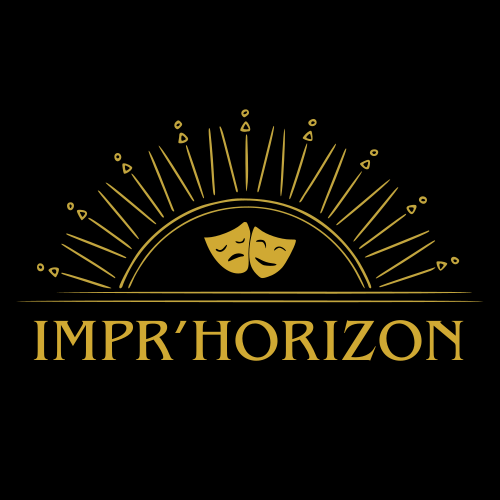 Un soleil stylisé dans lequel se situent deux masques se lève sur le text « Impr'Horizon »