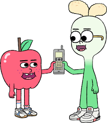 image/png The titular characters from Apple and Onion, literally anthropomorphic cartoons of those foods. They are smiling and holding a phone.