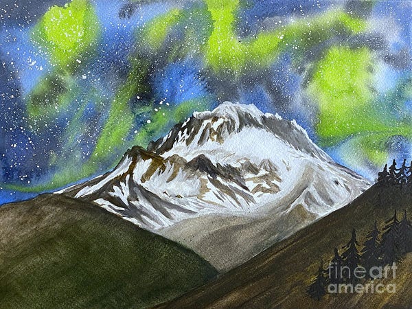 Auroras fill the sky behind Mount Hood in this watercolor painting, The sky is filled with bright green auroras and is in contrast to the snowy rocky mountain below.