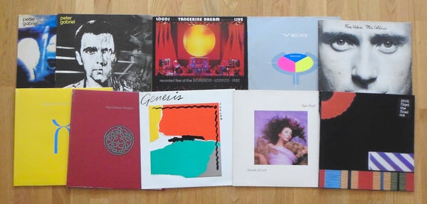 Records: Peter Gabriel III & IV, Tangerine Dream Logos Live, Yes 90125, Phil Collins Face Value, King Crimson Discipline & Three of a Perfect Pair, Genesis Abacab, Kate Bush Hounds of Love, Pink Floyd The Final Cut