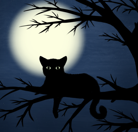 Drawing of a black tree silhouette on the night sky background with big full moon. There is a black cat lying on the biggest tree branch, with visible yellow eyes.