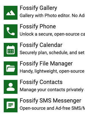 the simple apps gallery, phone, calendar, filemanager, contacs and sms now in green and "fossify" in their name