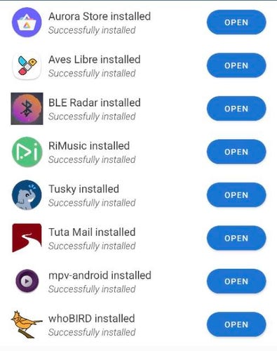 Screenshot of F-Droid showing installed updates to:

Aurora Store. 
Aves Libre. 
BLE Radar. 
RiMusic. 
Tusky. 
TutaMail. 
MPV Android. 
WhoBird.