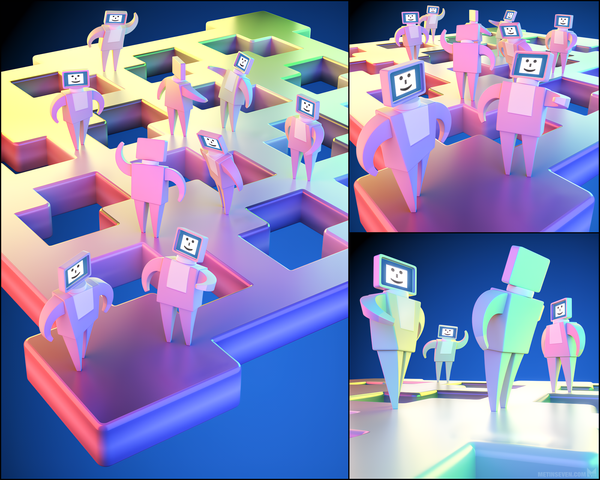 Three 3D illustrations, showing stylized figures with computer screen heads interacting with each other on a grid-like network platform.