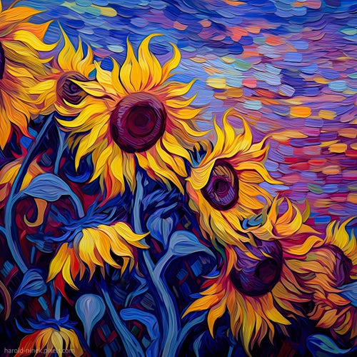Imagine a captivating piece of artwork titled 'Sunflowers.' In this artwork, you'll find vibrant sunflowers portrayed with bold strokes of yellow and blue hues, creating a striking and lively composition. The colors blend harmoniously, bringing the flowers to life against a backdrop that invites you to feel the warmth of a sunny day.