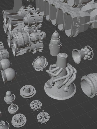 An array of weird little sci-fi ship bits - or greebles - that I’m building in Blender.