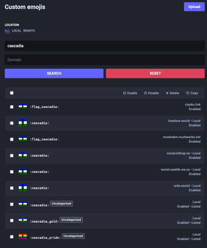 A screenshot of the "Custom emojis" page from the Subdued.social Mastodon admin interface. Searching for the string "cascadia" shows a half dozen Cascadia Flag emojis from various servers, but only one of the rainbow pride version of the flag.