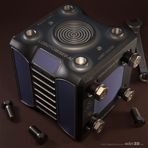 Blue black mechanical cube box model thing with a rpund recessed top and four bolt holes around the side.
