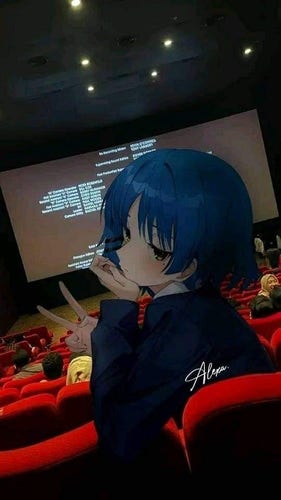 синеволосая аниме девушка с жёлтыми глпзами и чёрным худи сидит в кинозале

кинозал реальный, а аниме девушка 2D

она показывает знак мир и смотрит в камеру, словно всё от первого лица