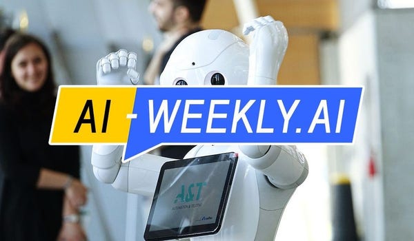 AI-Weekly for Tuesday, March 12, 2024 - Volume 103. The Week's News in Artificial Intelligence. Image of a newsletter cover featuring a humanoid robot in the background. The robot is white, with a friendly, cartoonish face. It appears to be waving with its right hand, and its left hand is holding onto a tablet displaying a logo. The robot has a digital screen on its chest, although the content on the screen is not clearly visible. Behind the robot, a woman is smiling and looking at it, indicating a positive interaction. The background is an indoor environment with a blurred appearance to focus attention on the robot and the woman. At the top of the image, overlaying the photo, is a banner with the text 'AI WEEKLY.AI' in bold yellow and white letters on a blue rectangular background. The font is modern and easy to read. The overall impression is of a friendly technological theme, emphasizing the intersection of AI and daily life.