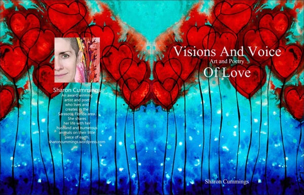 Colorful book cover with red hearts on a blue background by artist, poet and author Sharon Cummings.