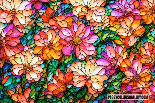 Colorful artwork of flowers with a stained glass look, by artist Peggy Collins.