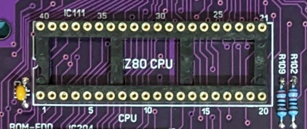 An empty socket where a Z80 processor should be.