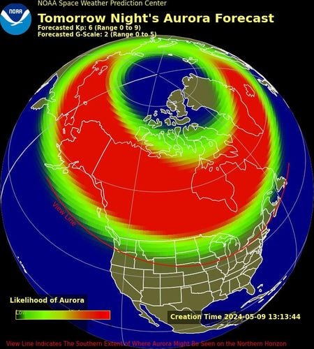 NOAA Space Weather Prediction Center Tomorrow Night's Aurora Forecast. The aurora viewline goes as far south as Chicago.