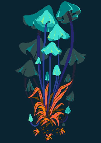 A pixel art of long, tall mushrooms with soft umbrella-like cap protruding out of orange blades of grass.
